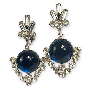 Drop Earrings Vintage 60's Glam Faux Diamond Blue Cabochons